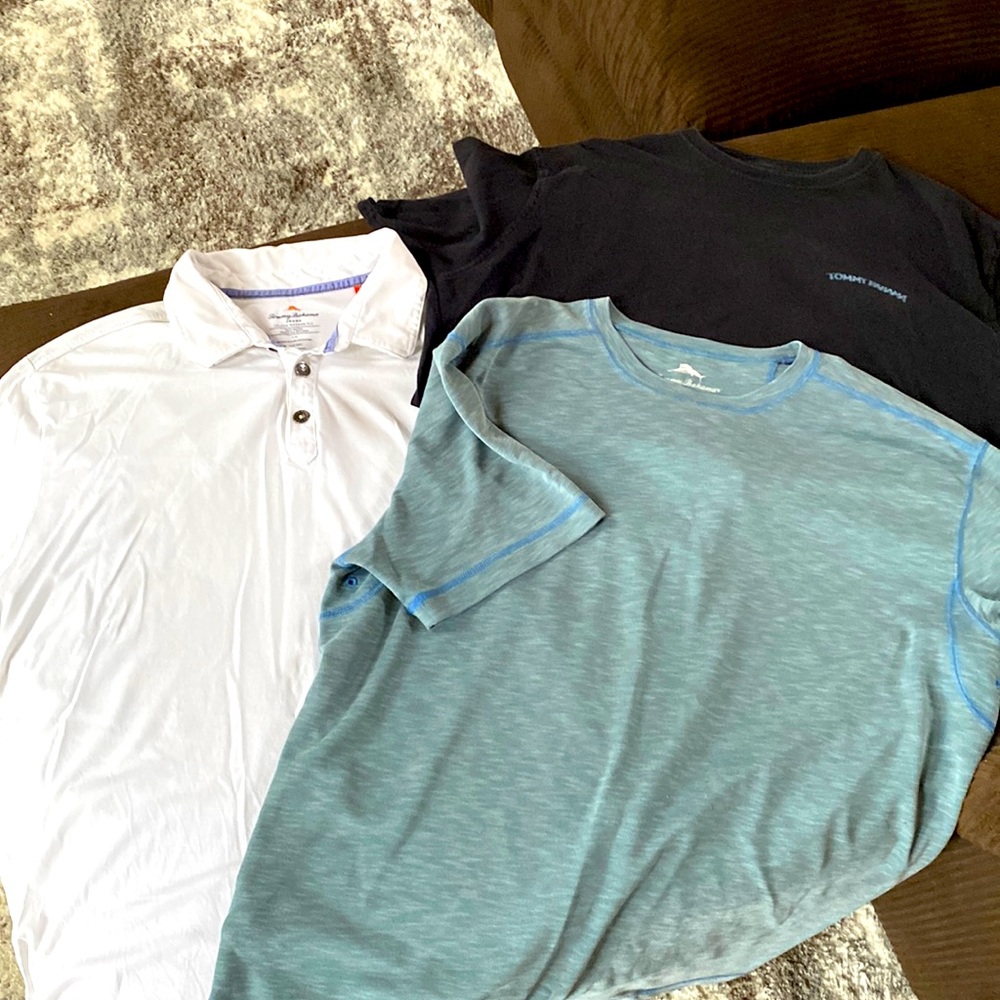 5 - Tommy Bahama shirt sleeve shirts sz l, 3 fun tees, 1 collar, 1 dress tee